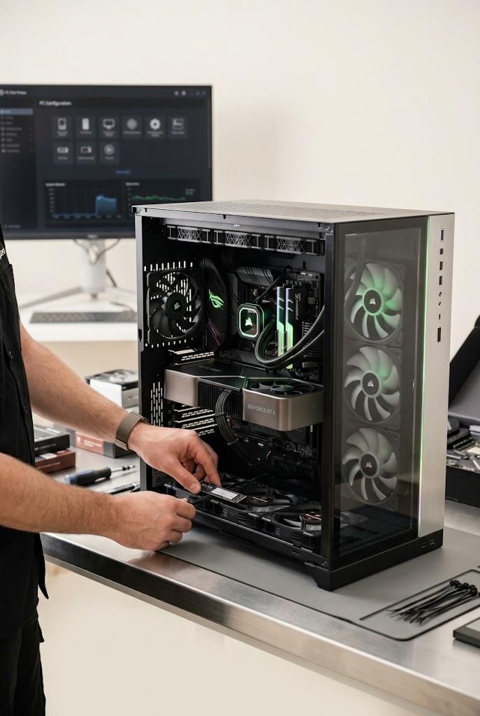 Técnico de SoloGaming instalando un componente en una torre gaming abierta durante el montaje a medida