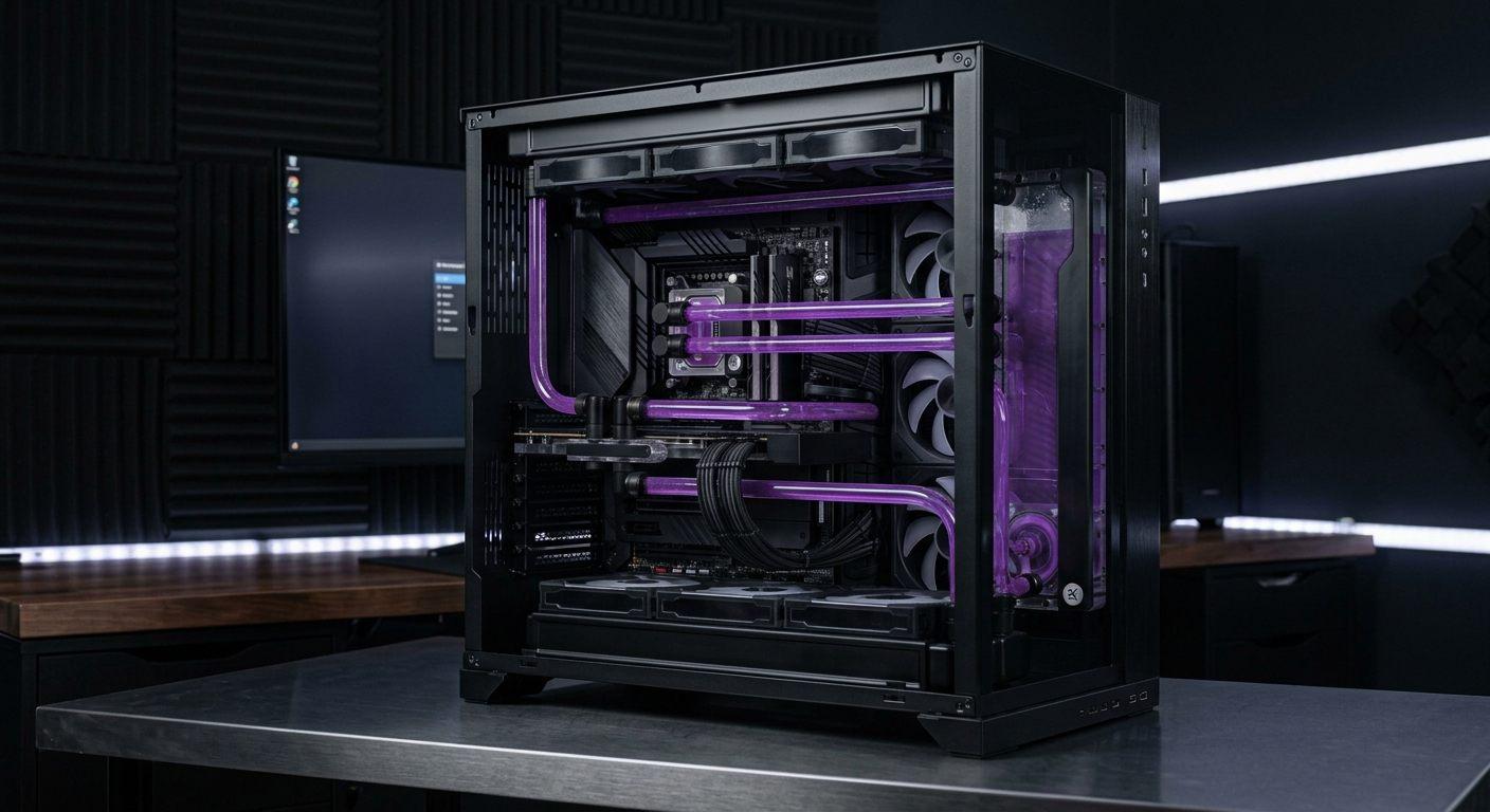 Torre gaming con circuito de refrigeración líquida personalizada, tubos rígidos y refrigerante morado, montada por SoloGaming