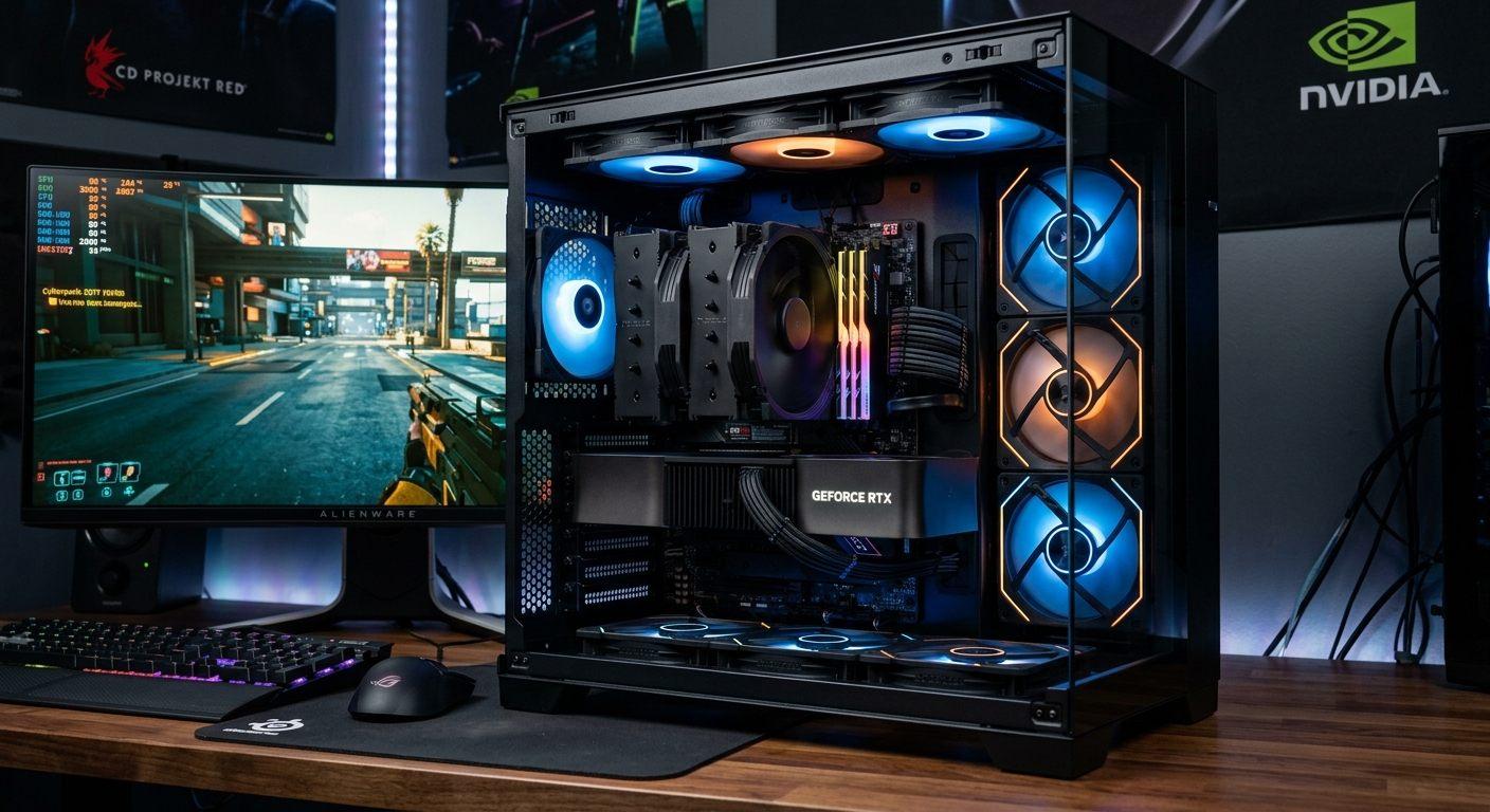 Torre gaming con refrigeración por aire de doble disipador, en un puesto de juego completo con monitor y periféricos